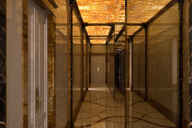 Modelo de recibidores y pasillos modernos extra grandes con paredes multicolor, suelo de mármol, suelo multicolor y casetón