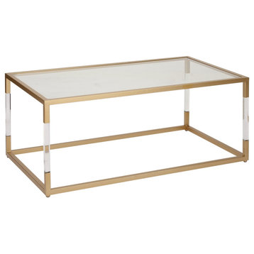 Elegant Coffee Table, Golden Frame With Acrylic Accents & Rectangular Glass Top