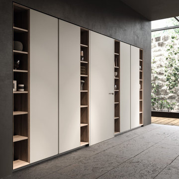 Matte White and Wood Kitchen Cabinets with Pantry Black Metal Frame Glass Doors
