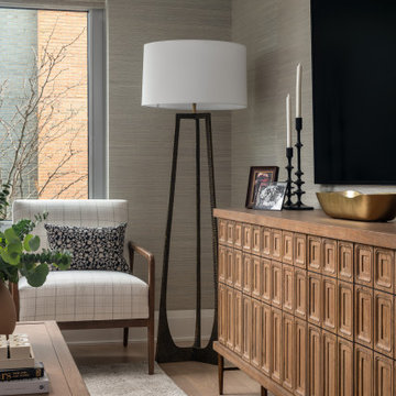 Warm Textural Living Room With Navy Sofa Neutral Grasscloth Wallpaper Woven Shad