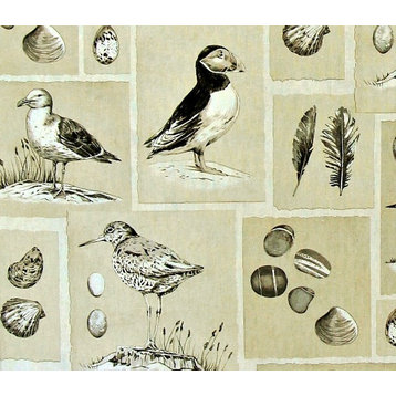 Shore Birds Illustrations Fabric Seashell Puffin Neutral Beach Coastal Decoratin