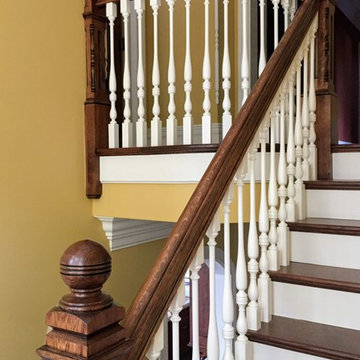 Straight And Platform Stair With Wooden Balustrade