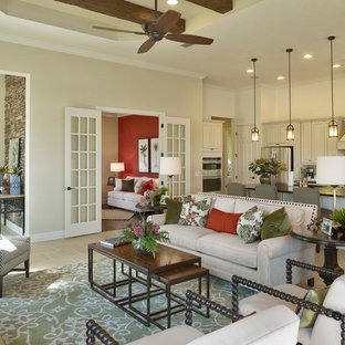 Diseño de salón abierto, mediterráneo, grande, sin chimenea, con paredes beige y suelo de baldosas de cerámica