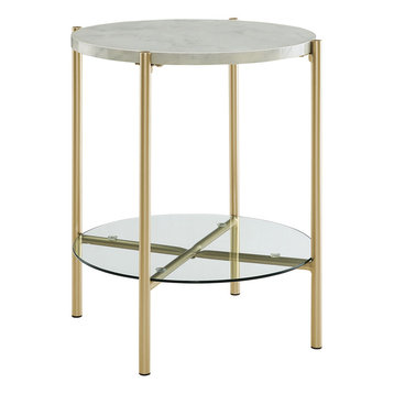 20" Modern Round End Table With Glass Shelf, Top: White Marble, Legs: Gold