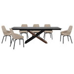 Armen Living - Milena Shilo 7 Piece Extendable Dining Set With Champagne Faux Leather Chairs - Bring friends and family together in a stylish fashion with the Milena Shilo 7 Piece Extendable Dining Set with Faux Leather Chairs. This 5 piece dining set includes 1 extendable Milena dining table and 6 Shilo faux leather swivel dining chairs. The refined and shapely silhouette of the kitchen chair is updated with stunning details to amp up the style of your home. The back and arms showcase clean lines and sleek curves to attain a sophisticated appeal. A stunning channel stitch detail on the arms adds charm and character to our modern dining chair. It is perched upon slender black metallic legs to serve as a welcoming and chic addition. The dining table chair includes a high back that elegantly swoops down to hug the back. Finished off with a generously cushioned seat, the dining room chair offers exceptional comfort and support. It can bring style and comfort anywhere from your kitchen, lounge, dining area, or home office. The Shilo accent chair also includes a 180 - degree swivel function enabling you to enjoy your meals and conversations to the fullest. It is upholstered in UV and stain-resistant faux leather which does not crack or fade easily to provide easy care and maintenance. With clean lines and dramatic construction, our long dining table serves as a stunning focal point. Its linear, rectangular tabletop is crafted from sintered shadow stone for a versatile and sophisticated appeal. A durable yet elegant alternative to quartz, this tabletop is resistant to etching, scratches, burns, and stains. It is perched upon a cross-shaped base to capture the eye. The chunky wooden leg is covered in walnut veneer, creating a visual contrast with the airy black wooden frame. Our chic and stylish dining table can easily extend to comfortably seat up to six to eight individuals. Available in 5 or 7 piece set configurations, this beautiful 7 piece extendable dining set features a shadow stone, walnut and black wood veneer table and your choice of taupe gray or champagne faux leather chairs.
