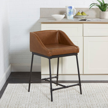 24" Renzo Industrial Pipe Square Stool With Back, Light Brown And Black