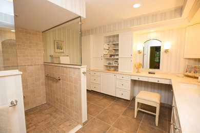 Example of a mid-sized classic master beige tile and ceramic tile ceramic tile walk-in shower design in Philadelphia with an undermount sink, raised-panel cabinets, white cabinets and multicolored walls