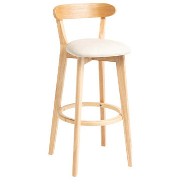 Minimalistic Nordic-Styled Bar Stool With Backrest, Solid Wood, Beige, Leather