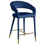 Meridian Furniture - Destiny Counter Stool, Navy, Velvet - Settle in for a meal with friends seated in this Destiny velvet stool. Soft navy velvet upholstery makes this stool a sleek and inviting option for pairing with your favorite counter table. The rounded back adds comfort to mealtime and lends the stool a chic, eye-grabbing touch, while tapered legs topped with gold tips give the stool an elegant finish.