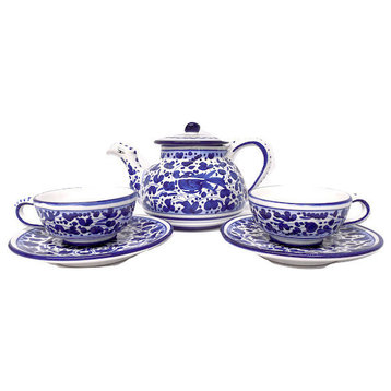Deruta Labor Ceramiche Arabesco Blue Teapot and 2 Tea Cups with Saucers