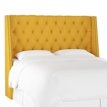 Williams Queen Nail Button Tufted Wingback Headboard, Linen French Yellow