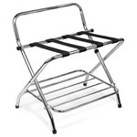 USTECH - 2-Shelf High Back Luggage Rack - 71058 2-Shelf High Back Luggage Rack Description - The Patented USTECH 2-Tier High Back Chrome Folding Luggage Rack is the perfect place for your guests to store their luggage, suitcases, shoes, purses, briefcases, bags and more. The additional shelf on the bottom of the rack allows your guest to keep their valuables off the floor without having to worry about removing luggage from the top shelf. Built with a high back to rest against the wall and have the added security that your luggage and rack will not fall over. Made of durable high-quality steel with an attractive chrome finish which will provide an upscale modern look that matches any dcor. High quality rubber feet keep it secure and prevents damage to your floors. Four nylon straps that can handle heavy luggage and add additional support and stability. No assembly required and folds flat for easy and efficient storage.. Features - The patent pending USTECH 2-Tier High Back Chrome Folding Luggage Rack is the perfect place for your guests to store their luggage, suitcases, shoes, purses, briefcases, bags and more. The additional shelf on the bottom of the rack allows your guest to keep their valuables off the floor without having to worry about removing luggage from the top shelf. Built with a high back to rest against the wall and have the added security that your luggage and rack will not fall over. Made of durable high-quality steel with an attractive chrome finish which will provide an upscale modern look that matches any dcor. High quality rubber feet keep it secure and prevents damage to your floors. Four nylon straps that can handle heavy luggage and add additional support and stability. No assembly required and folds flat for easy and efficient storage.