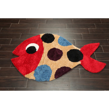 3'x5' Hand Tufted Polyster/Cotton Blend Fish Shag Oriental  Rug Red, Multi Color