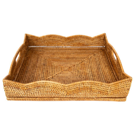 Artifacts Rattan™ Scallop Collection Square Tray With Cutout Handles, Honey Brown, 24"x24"x4.5"