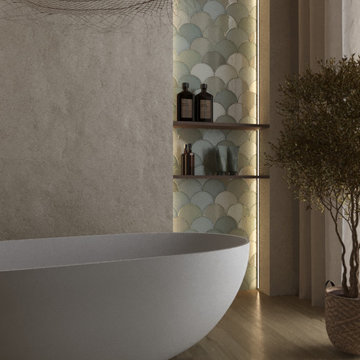 Freestanding bathtub and fish scale mosaic
