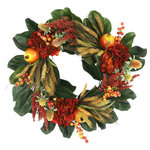 Creative Displays - 27" Fall Wreath with Hydrangeas, Wheat and Pomegranates - Bring the essence of fall into your home or office with this beautiful 27" fall wreath, handcrafted in the USA from high-quality and durable materials. Featuring rust hydrangeas, rust heather, thistle, pomegranates, wheat, berries, and magnolia leaves, this wreath perfectly captures the charm of the season. Perfect for your home and office or as a thoughtful gift for someone special - this wreath will brighten up any space with its eye-catching display. It's easy to hang and requires no watering or maintenance once displayed.