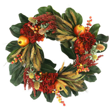 27" Fall Wreath with Hydrangeas, Wheat and Pomegranates