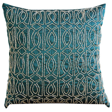Green Art Silk 14x14 Lattice Trellis Pillowcases, Geometric Royal Peacock Green