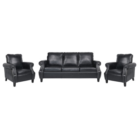Burkehaven Contemporary Faux Leather 3-Piece Sofa Set, Midnight Black/Dark Brown