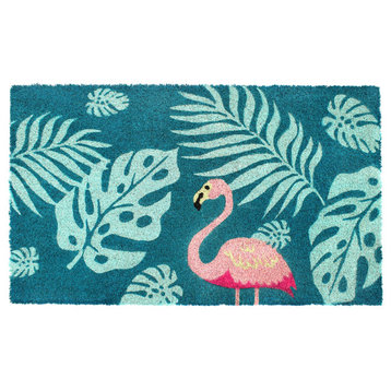 Blue Machine Tufted Palm Leaves Flamingo Coir Doormat, 18"x30"