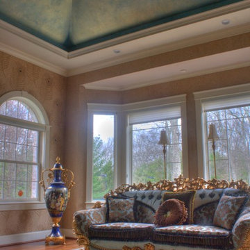 Exotic Color and Shimmer on Living Room Tray Ceiling
