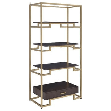 78" Gold and Black Metal Four Tier Etagere Bookcase With a Drawer