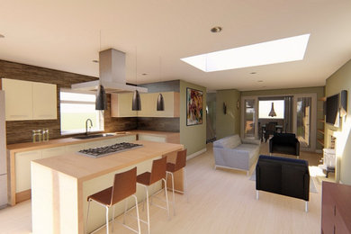 Inspiration for a medium sized contemporary formal and grey and cream open plan living room feature wall in Hertfordshire with green walls, light hardwood flooring, a wood burning stove, a stone fireplace surround, a wall mounted tv, beige floors and a coffered ceiling.