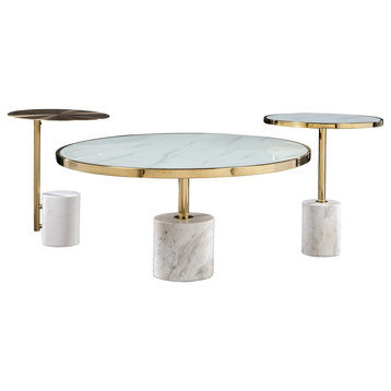 Kaia 3-Piece Marble Base Coffee Table Set, White and Gold
