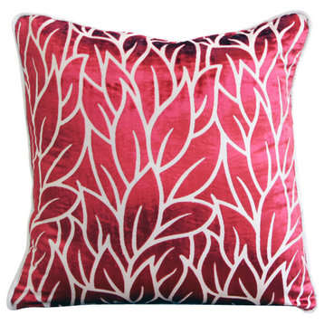 Red Burnout Velvet 24"x24" Leaf Design Pillow Sham, Cayenne Red Leaves