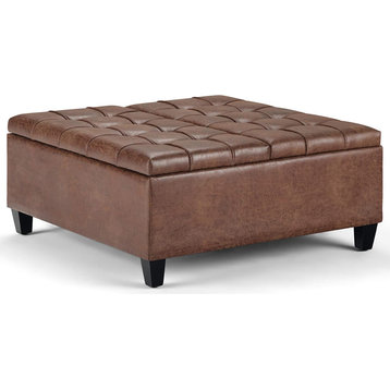 Square Ottoman, PU Leather Seat With Inner Storage Space, Distressed Umber Brown