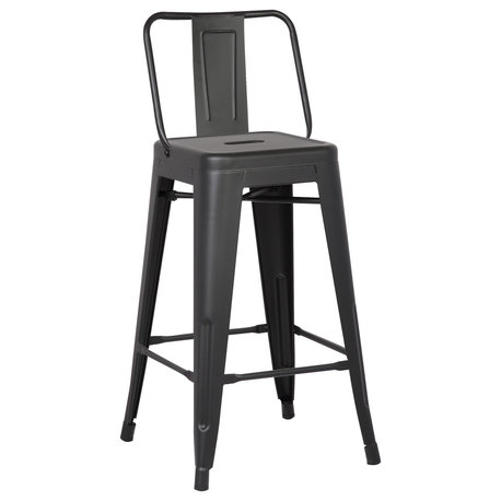 HomeRoots 30" Matte Black Metal Barstool with Back In A Set of 2