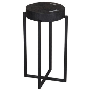 Large 25" Accent Table, Mango Wood Top, Espresso Finish With Silver Metal Inlay