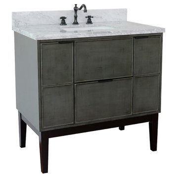 37" Single Vanity, Linen Gray Finish With White Carrara Top And Rectangle Sink