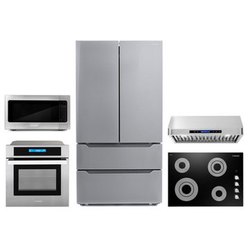 5 Piece, 36" Cooktop 36" Range Hood 24" Wall Oven 17.3" Microwave & Refrigerator