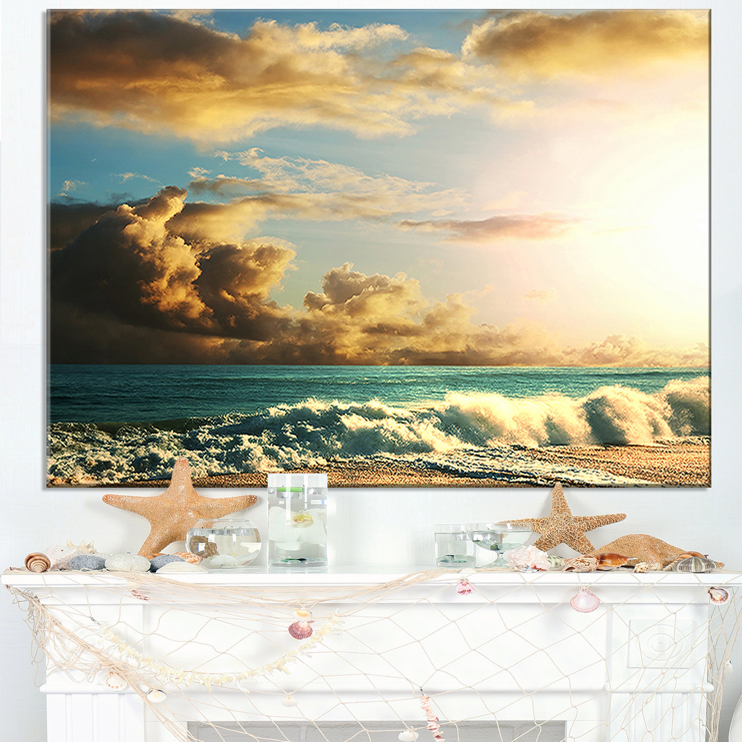 "Green Sea Beach Under Cloudy Sky" Modern Beach Canvas Art Print, 32 ...