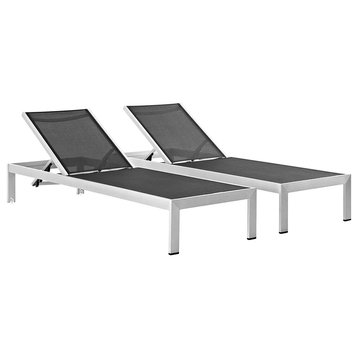 Set of 2 Patio Chaise Lounge, Silver Aluminum Frame With Mesh Seat & Back, Black