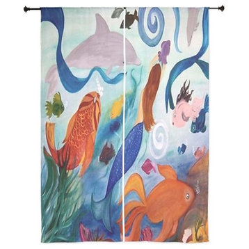 Mermaid Art Sheer Curtains, 30"x84", Mermaid and Tropical Fish Party