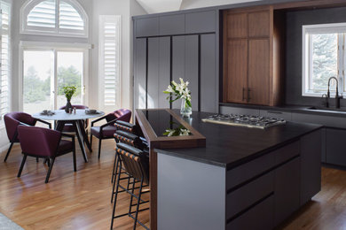 Example of a mid-sized minimalist galley medium tone wood floor, brown floor and vaulted ceiling eat-in kitchen design in Denver with an undermount sink, flat-panel cabinets, gray cabinets, quartz countertops, black backsplash, quartz backsplash, paneled appliances, an island and black countertops