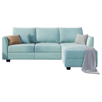 Sectional Sofa, Modular Design With Angled Arms & Storage Ottoman, Aqua Blue