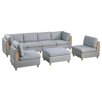 Liege 7 Piece Modular Sofa Set With Ottoman, Light Gray Dorris Fabric
