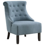 OSP Home Furnishings - Evelyn Tufted Chair, Blue Fabric With Gray Wash Legs - Our elegant slipper chair with contemporary profile, provides cozy comfort with its easy-care polyester linen upholstery and elegant scrolled backrest. Nailhead trim adds a tailored charm, while the deep seat offers a comfortable place to read or just relax. Place a pair together to create a thoughtful reading nook. Express your style by adding this accent chair to your living room ensemble. Durable wood frame construction will insure your chair will look beautiful for years.
