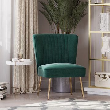 Modern Velvet Accent Chair With Metallic Legs And Channel Tufting, Green