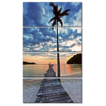 "Wooden Pier and Palm Tree" Seashore Photo Canvas Art Print, 4 Panels, 28"x48"
