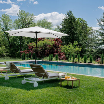 Streamlined Pool with Stone Border and Rolling Loungers