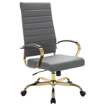 LeisureMod Benmar High-Back Leather Office Chair With Gold Frame Gray