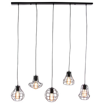 Industrial Pendant Lighting With 5 Black Iron Caged Edison Bulbs, 42"x52"