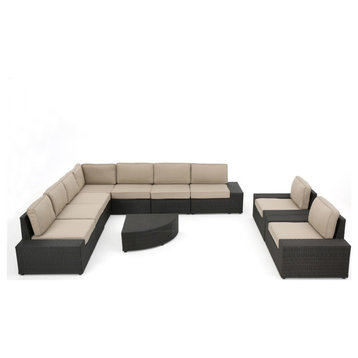 GDF Studio Reddington Outdoor Wicker Sectional Sofa Seat With Cushions, Set of 2, Dark Brown/Beige, 10-Piece Set