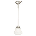 Vaxcel - Huntley 6.25" Mini Pendant Milk Glass Satin Nickel - The Huntley is a timeless collection inspired by mid-century small-town aesthetics. The vintage school house glass is the focal point of this design with its unique profile and glass options. Offered in multiple finishes and glass options, this versatile farmhouse light will provide a unique accent to a variety of kitchen, dining, and bathroom settings. Medium screw base lamping provides maximum light output. The complete collection includes chandeliers, pendants, semi-flush ceiling lights, and 1, 2 3, and 4 light bathroom vanities.