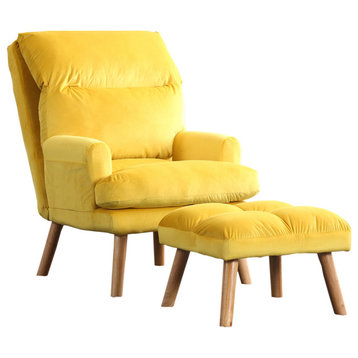 Nina 28" 2 Piece Accent Chair and Ottoman Set, Splayed Legs, Yellow