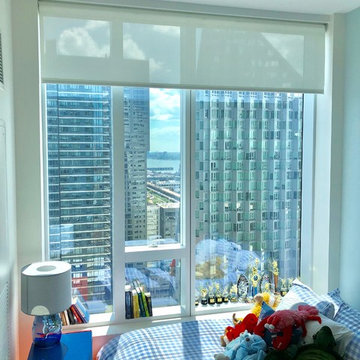 One West End – Rechargeable Shades and Burgundy Drapes